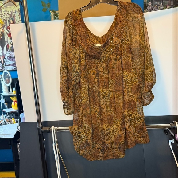 Signature Tops - JMB Signature Brown and Gold 3/4 Sleeve Blouse with beaded neckline size 3X